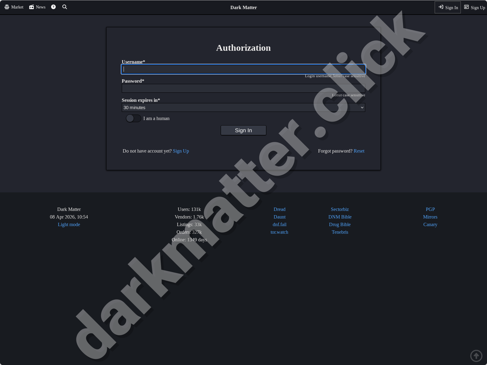 Dark Matter Market Login Form - Secure Access